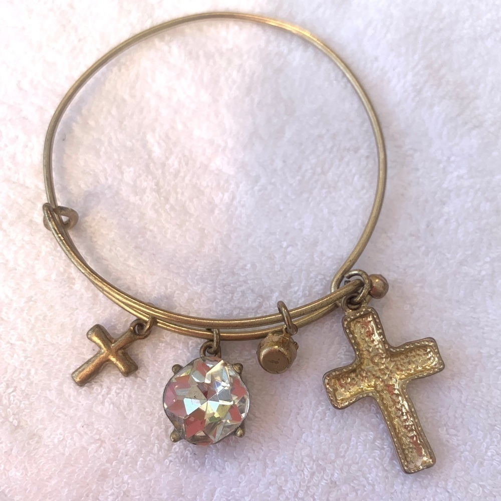 Religious Cross and Crystal Charm Bracelet Gold Finish Expands 2”-3.5”
